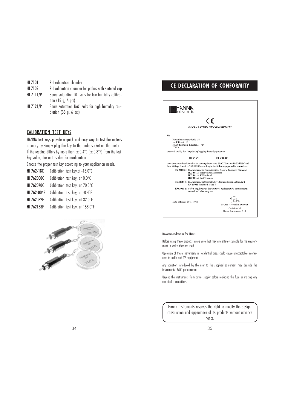 Ce declaration of conformity | Hanna Instruments HI 91610C User Manual | Page 18 / 19