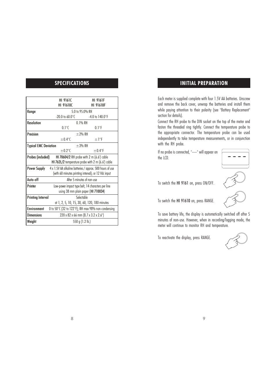 Initial preparation, Specifications | Hanna Instruments HI 91610C User Manual | Page 5 / 19