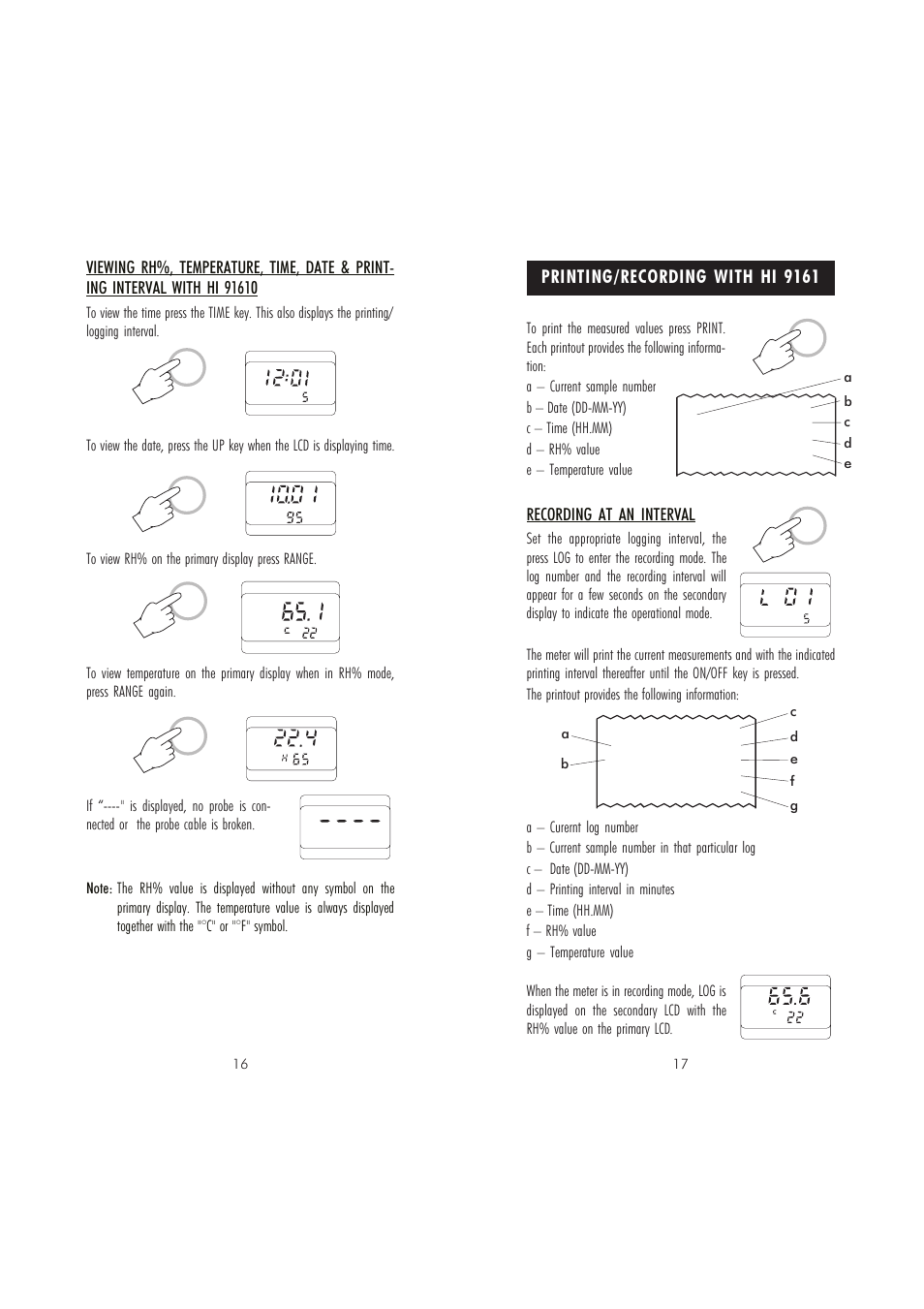 Printing/recording with hi 9161, Recording at an interval | Hanna Instruments HI 91610C User Manual | Page 9 / 19