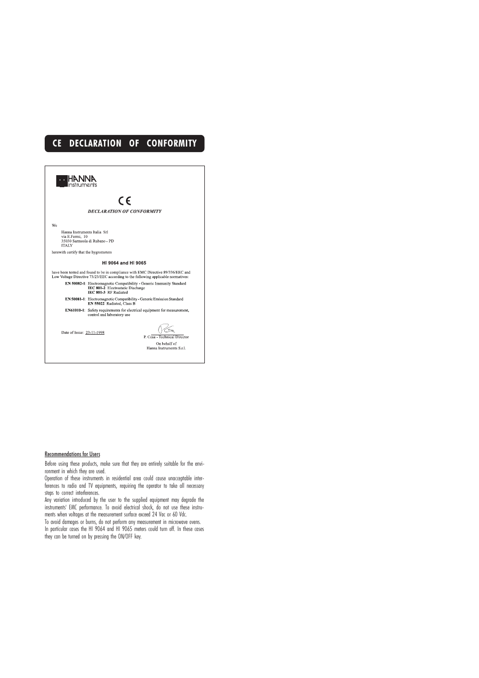 Ce declaration of conformity | Hanna Instruments HI 9064 User Manual | Page 8 / 9