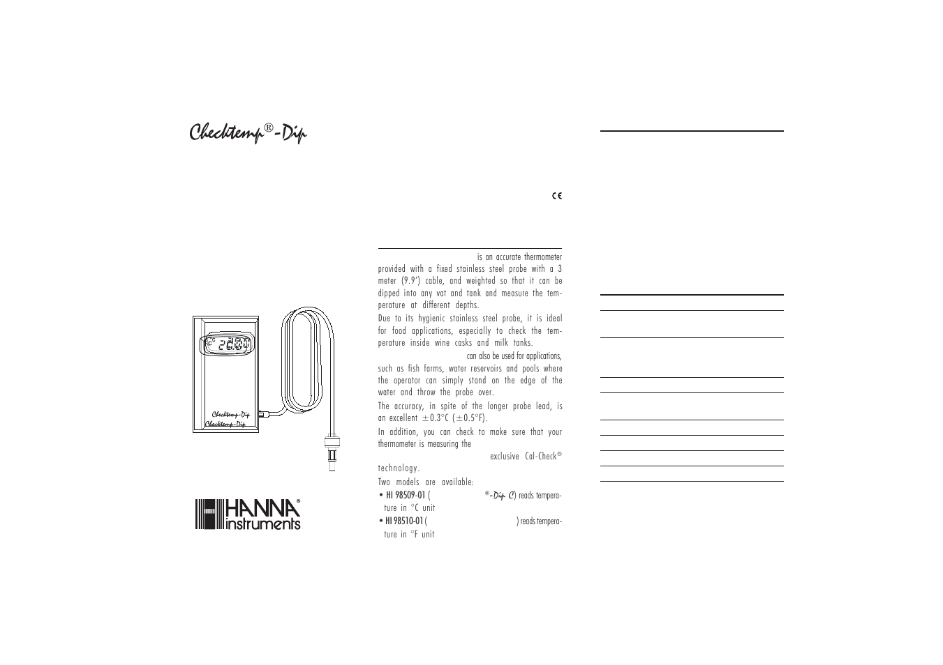 Hanna Instruments HI 98509-01 User Manual | 2 pages