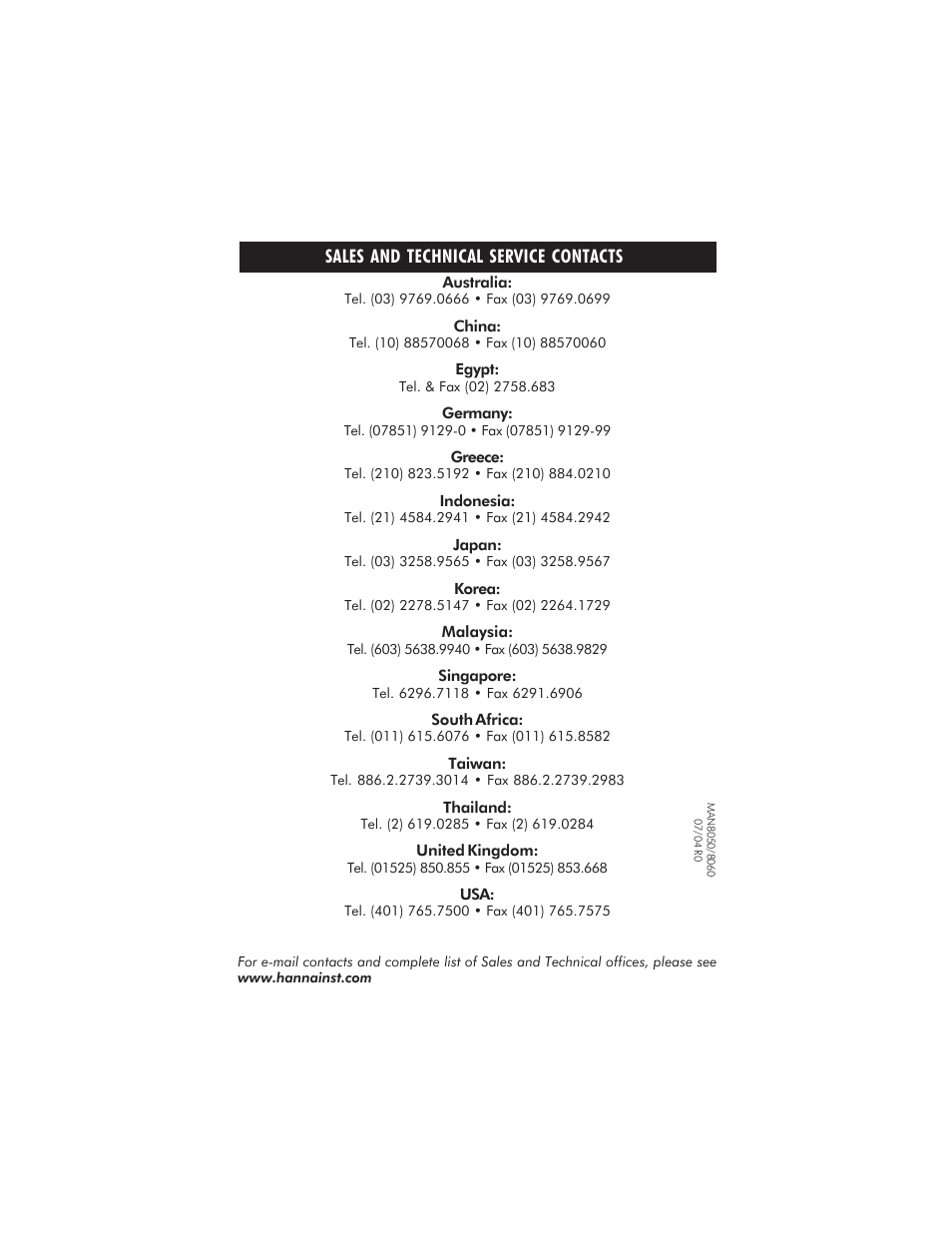 Sales and technical service contacts | Hanna Instruments HI 8050 User Manual | Page 80 / 80