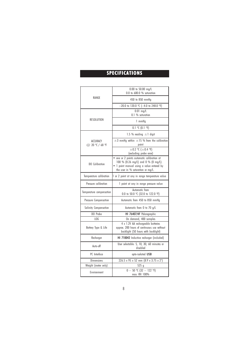 Specifications | Hanna Instruments HI 98186 User Manual | Page 8 / 68