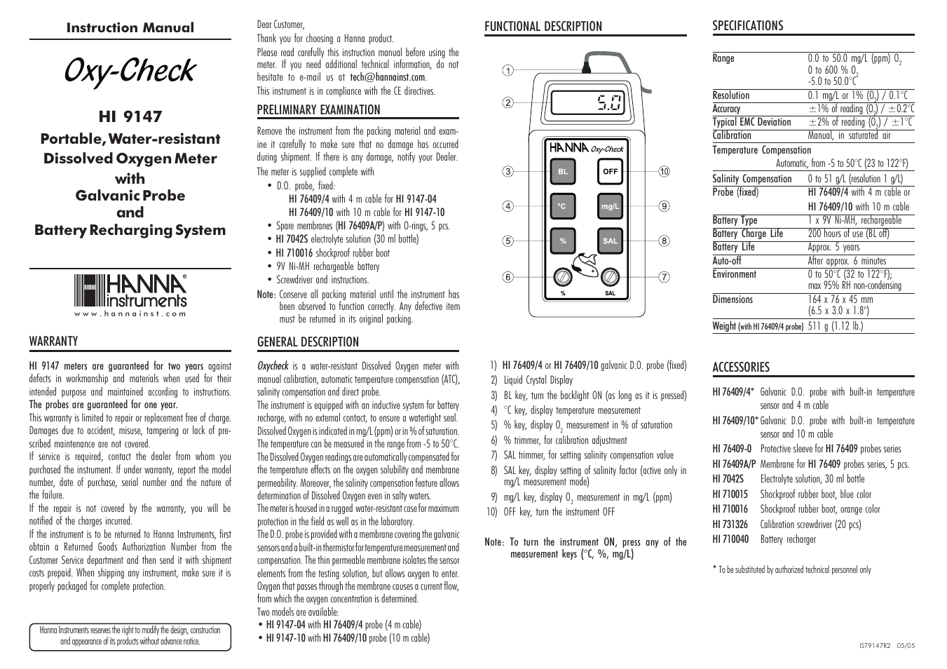 Hanna Instruments HI 9147-04 User Manual | 2 pages