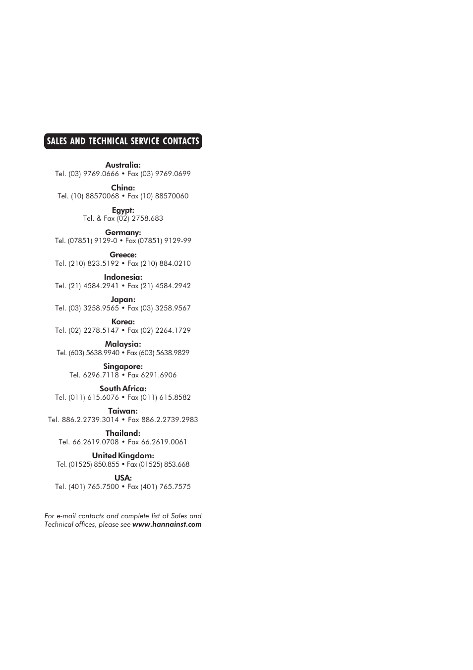 Sales and technical service contacts | Hanna Instruments HI 9146-04 User Manual | Page 11 / 11