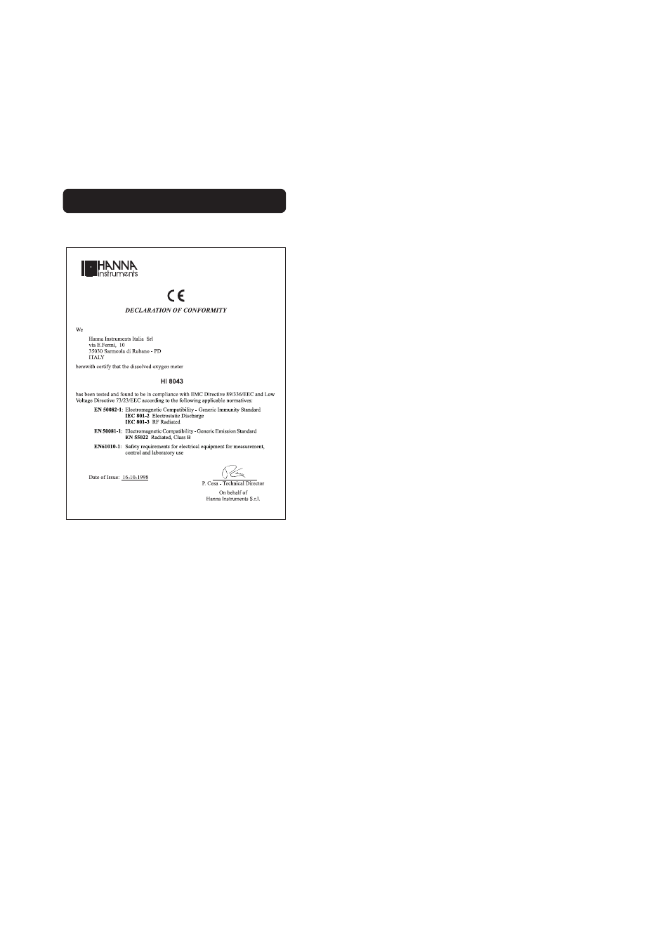 Ce declaration of conformity | Hanna Instruments HI 8043 User Manual | Page 12 / 13