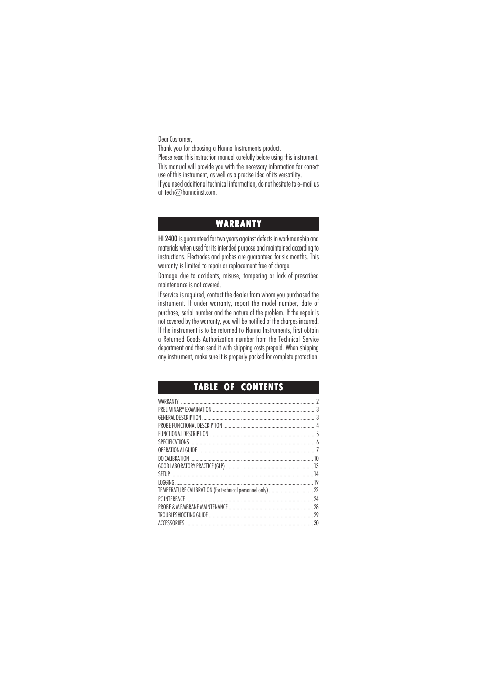 Hanna Instruments HI 2400 User Manual | Page 2 / 32