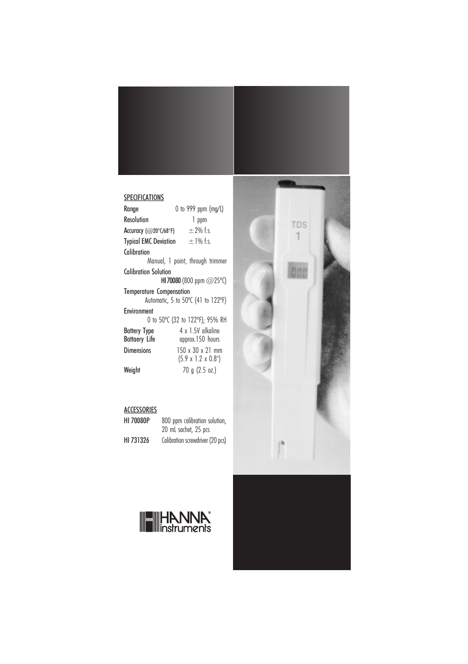 Hanna Instruments TDS 1 User Manual | 2 pages