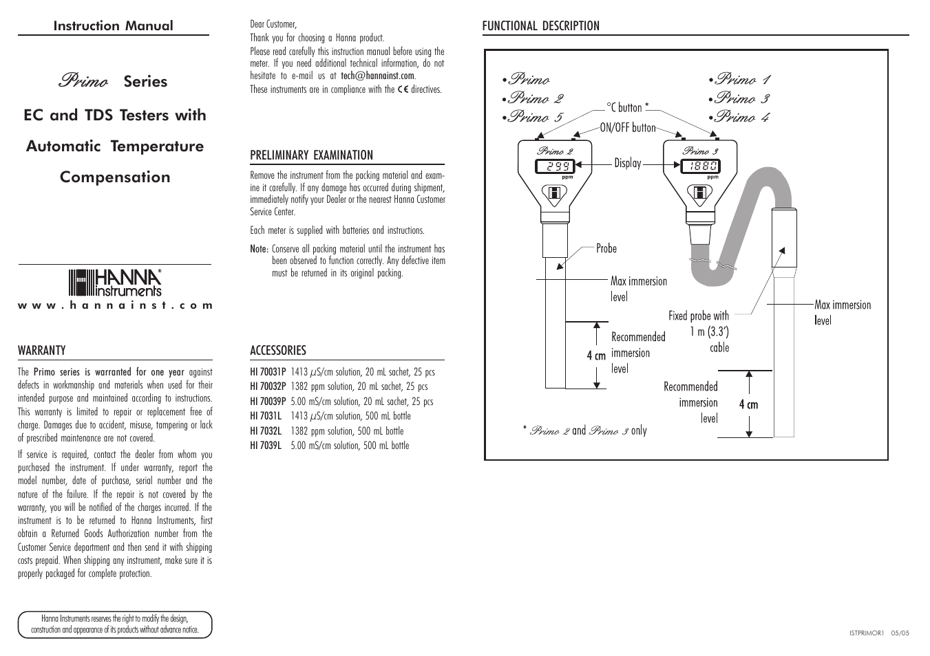 Hanna Instruments Primo 1 User Manual | 2 pages