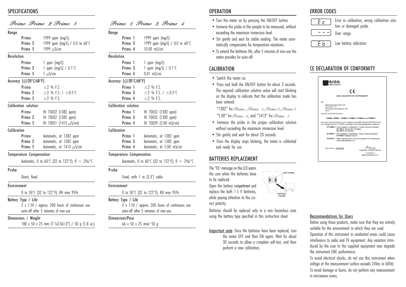 Primo 1, primo 3, primo 4, Primo, Primo 2 | Primo 5 | Hanna Instruments Primo 1 User Manual | Page 2 / 2