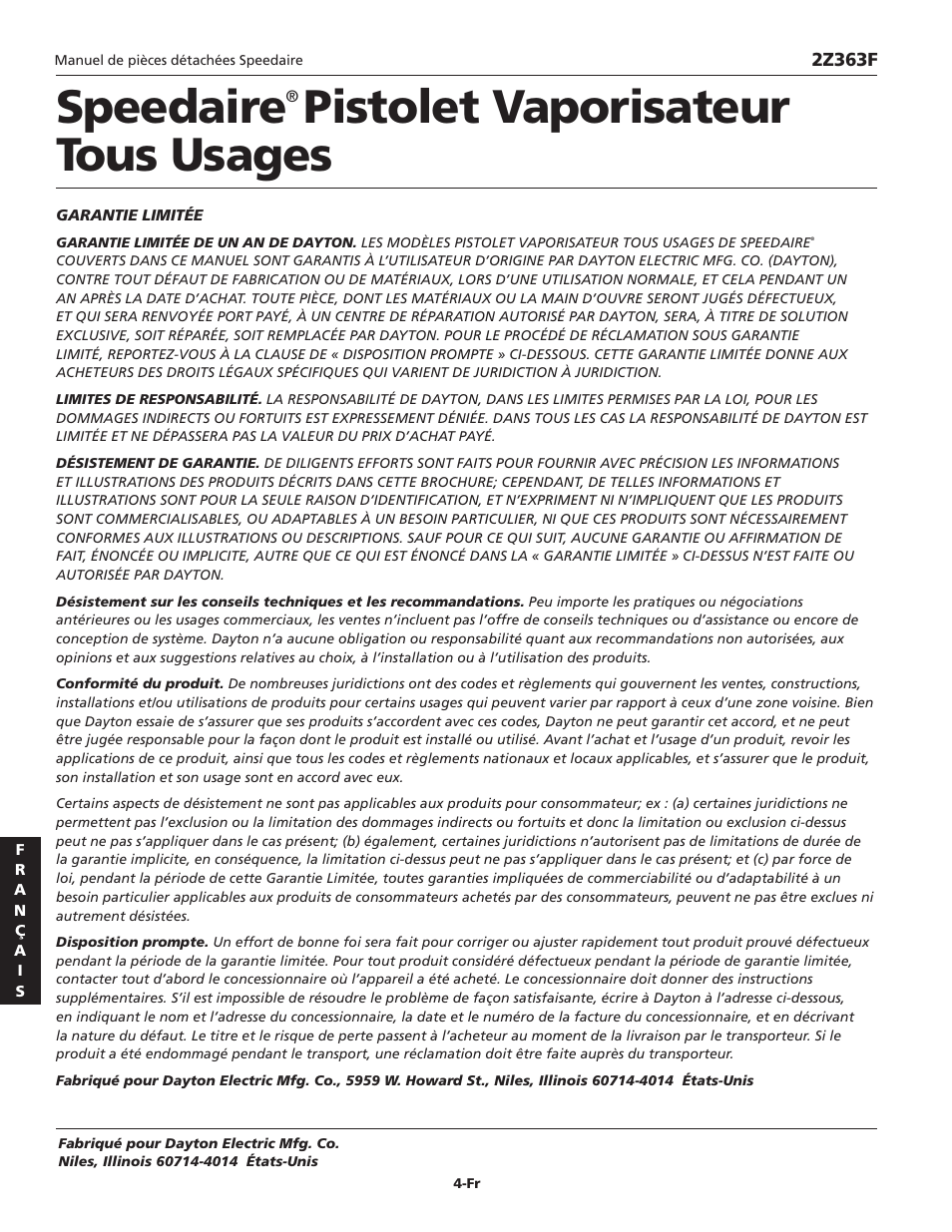 Speedaire, Pistolet vaporisateur tous usages | Dayton 2Z363F User Manual | Page 12 / 12