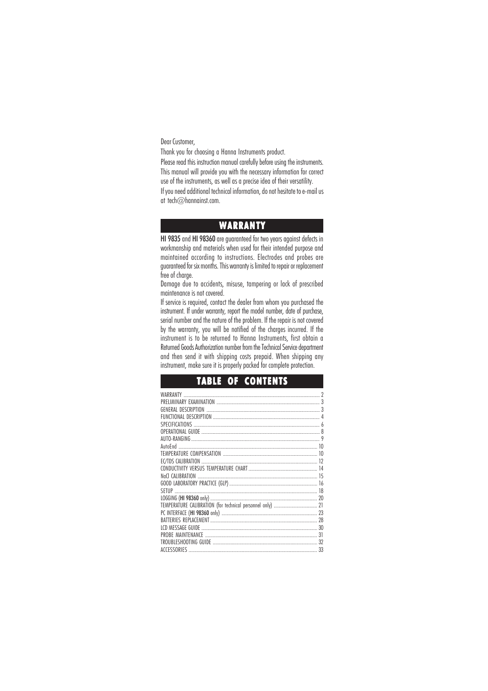 Hanna Instruments HI 98360 User Manual | Page 2 / 36