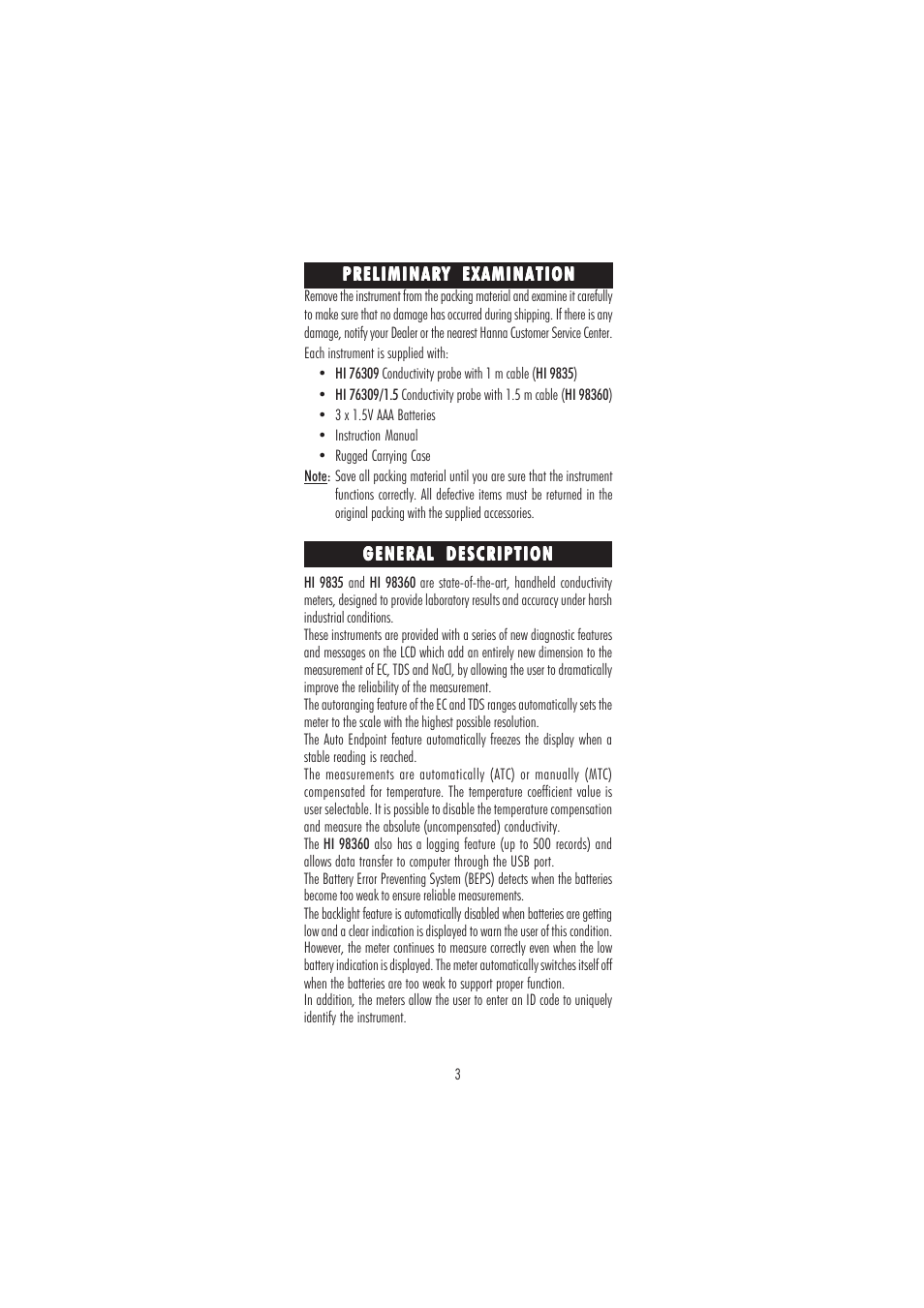 Hanna Instruments HI 98360 User Manual | Page 3 / 36
