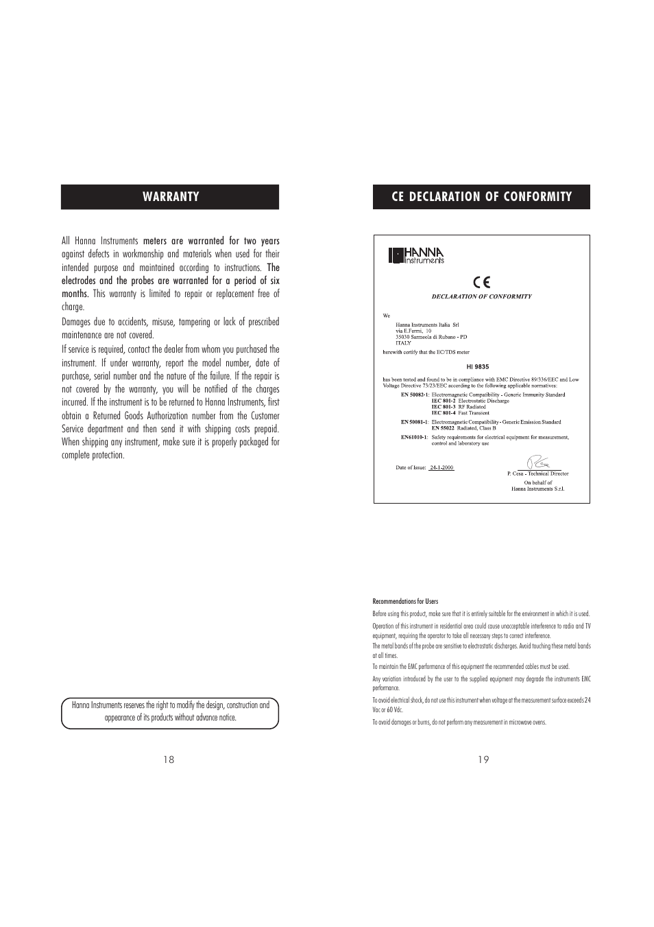 Ce declaration of conformity warranty | Hanna Instruments HI 9835 User Manual | Page 10 / 11