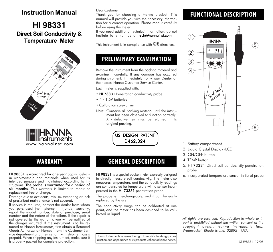 Hanna Instruments HI 98331 User Manual | 2 pages