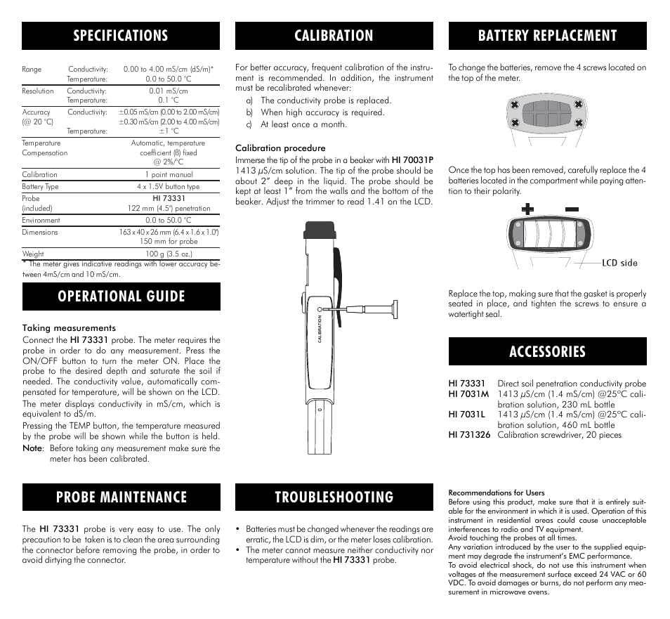 Calibration battery replacement probe maintenance, Operational guide accessories, Troubleshooting | Specifications | Hanna Instruments HI 98331 User Manual | Page 2 / 2