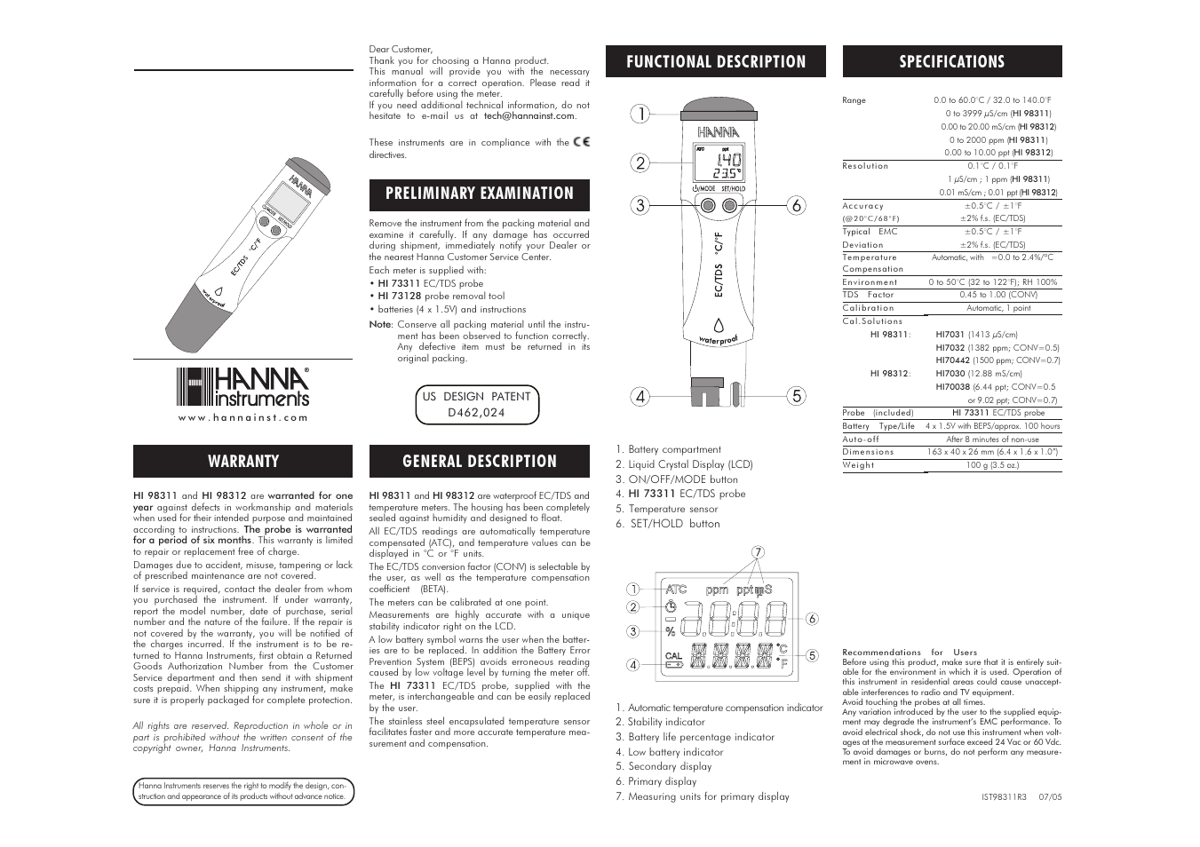 Hanna Instruments HI 98311 User Manual | 2 pages