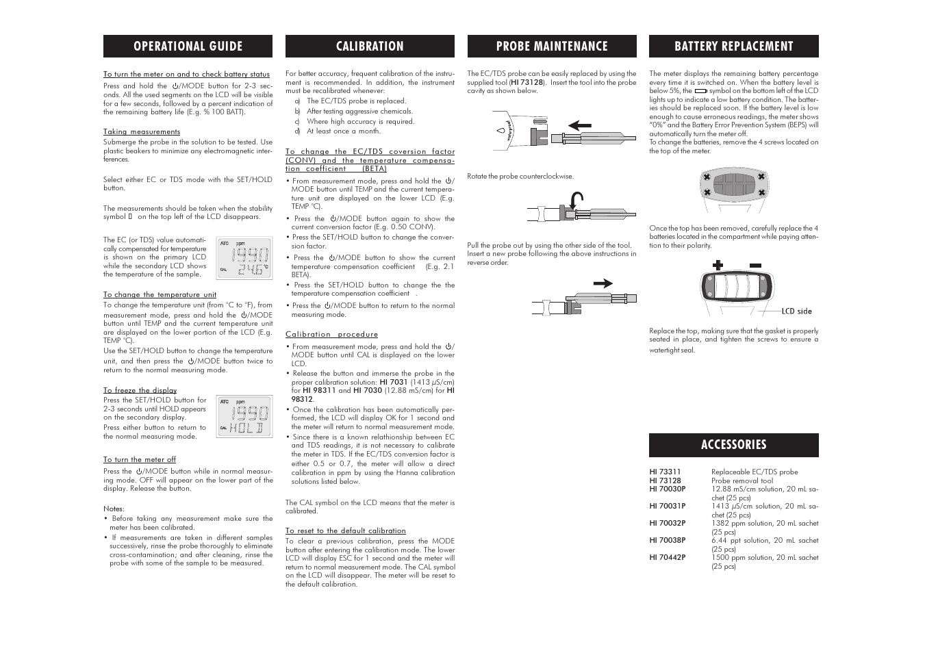 Calibration battery replacement probe maintenance, Operational guide accessories | Hanna Instruments HI 98311 User Manual | Page 2 / 2