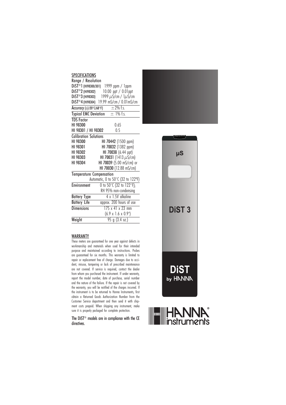 Hanna Instruments HI 98300 User Manual | 2 pages