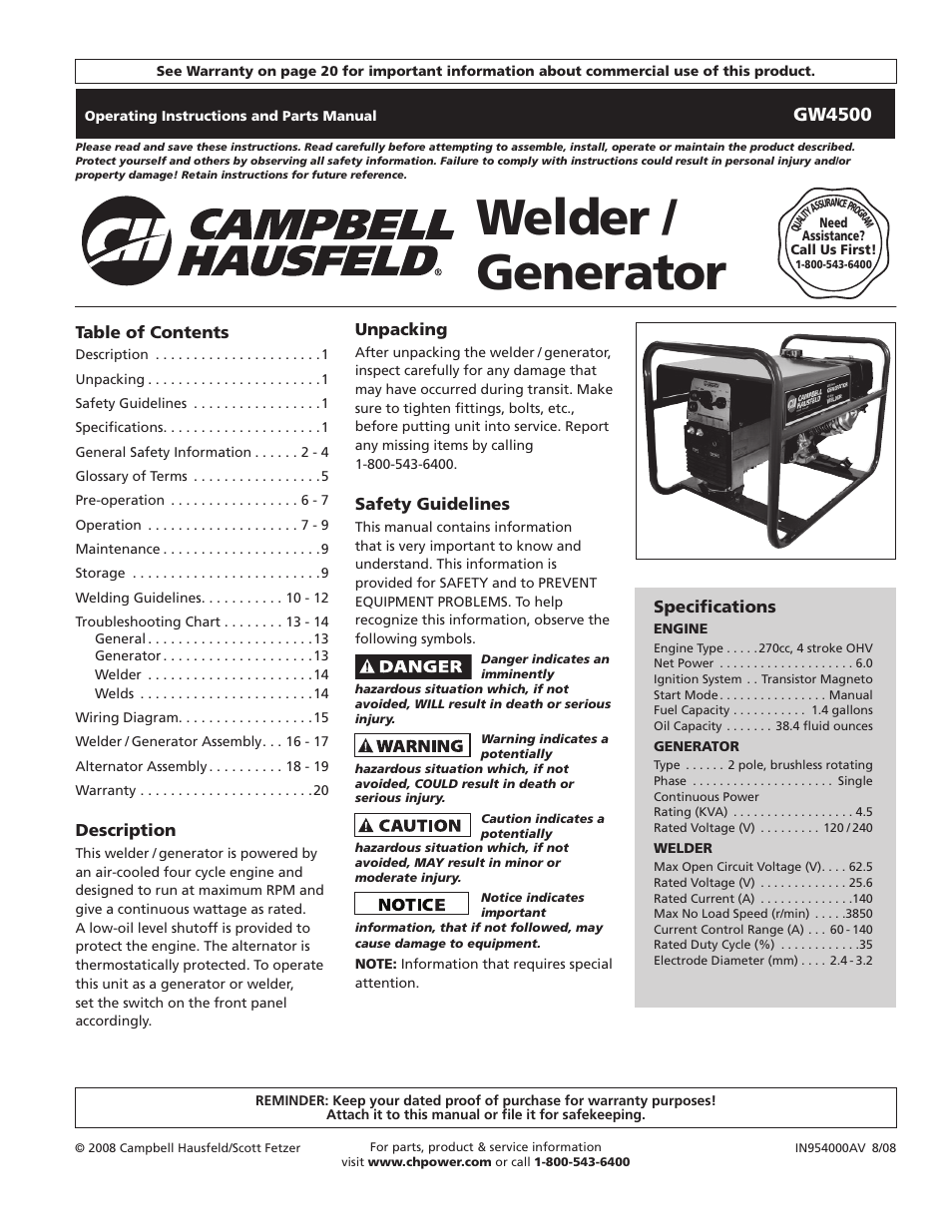 Campbell Hausfeld Welder / Generator GW4500 User Manual | 20 pages