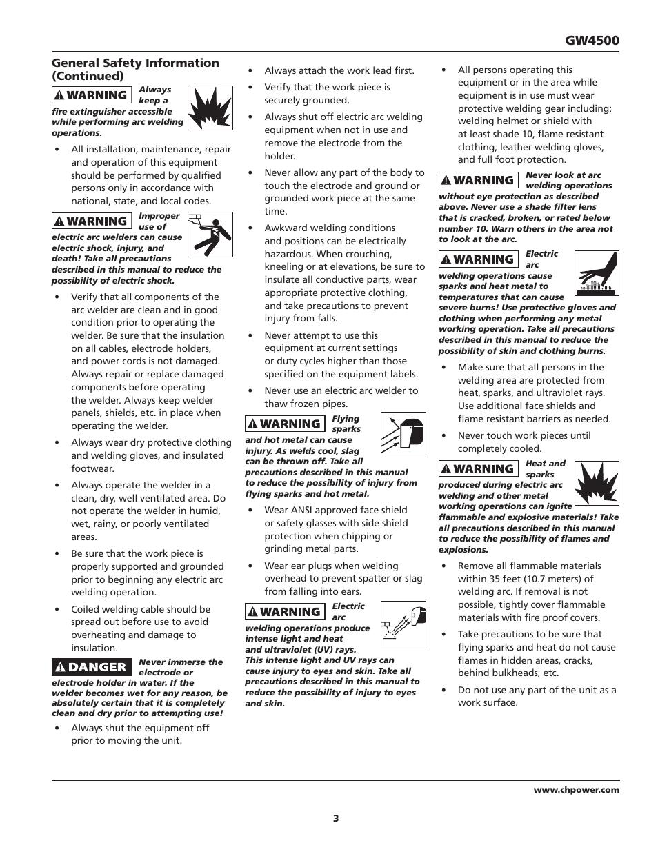 Gw4500, General safety information (continued) | Campbell Hausfeld Welder / Generator GW4500 User Manual | Page 3 / 20