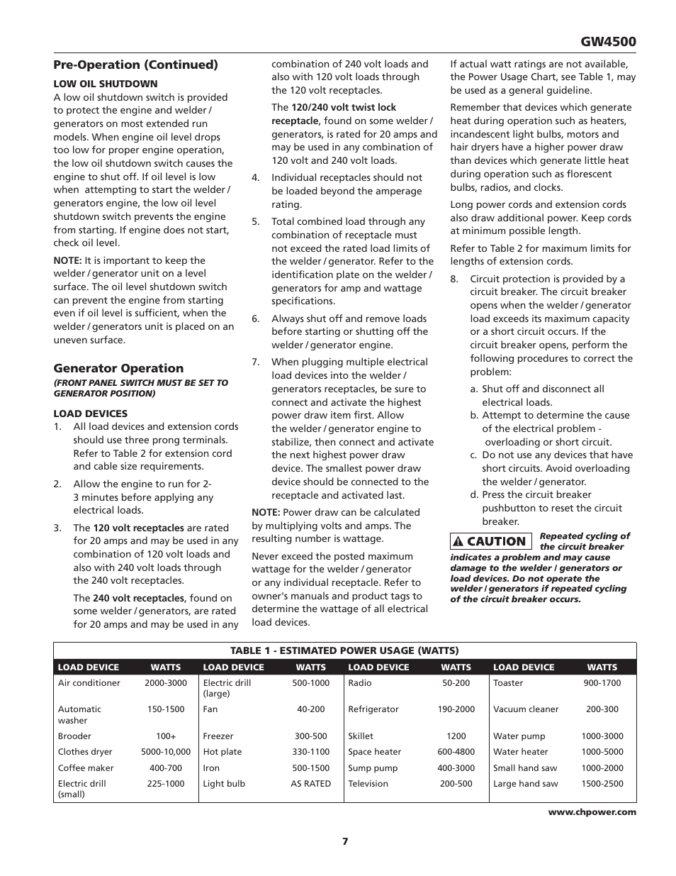 Gw4500, Pre-operation (continued), Generator operation | Campbell Hausfeld Welder / Generator GW4500 User Manual | Page 7 / 20