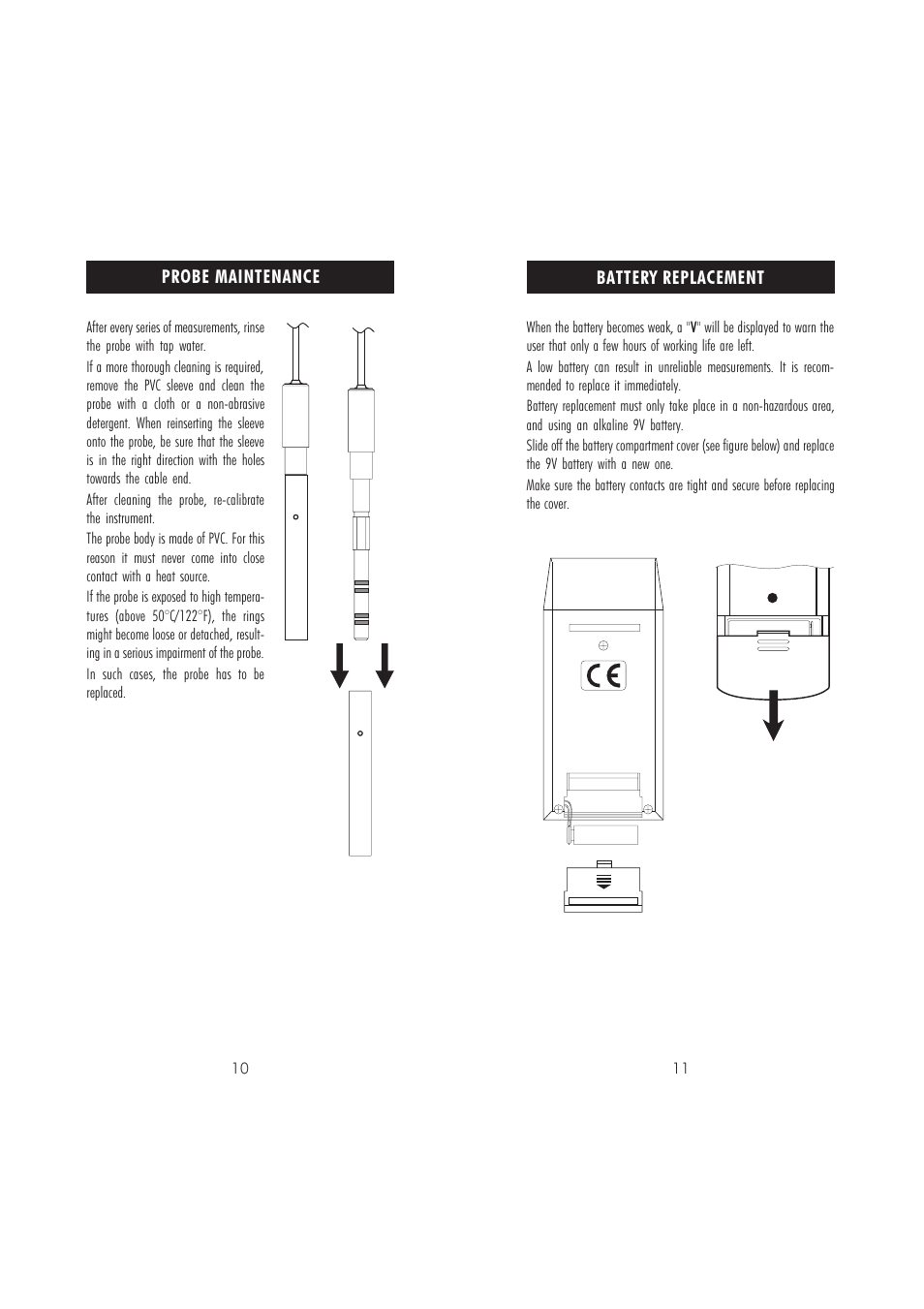 Battery replacement, Probe maintenance | Hanna Instruments HI 8033 User Manual | Page 6 / 9