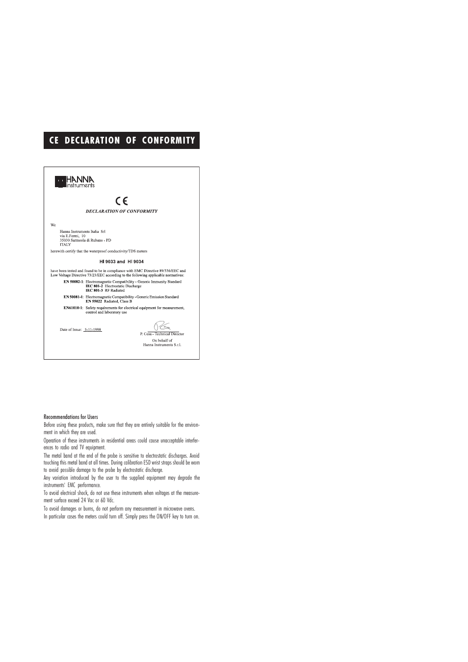 Ce declaration of conformity | Hanna Instruments HI 9033 User Manual | Page 10 / 11