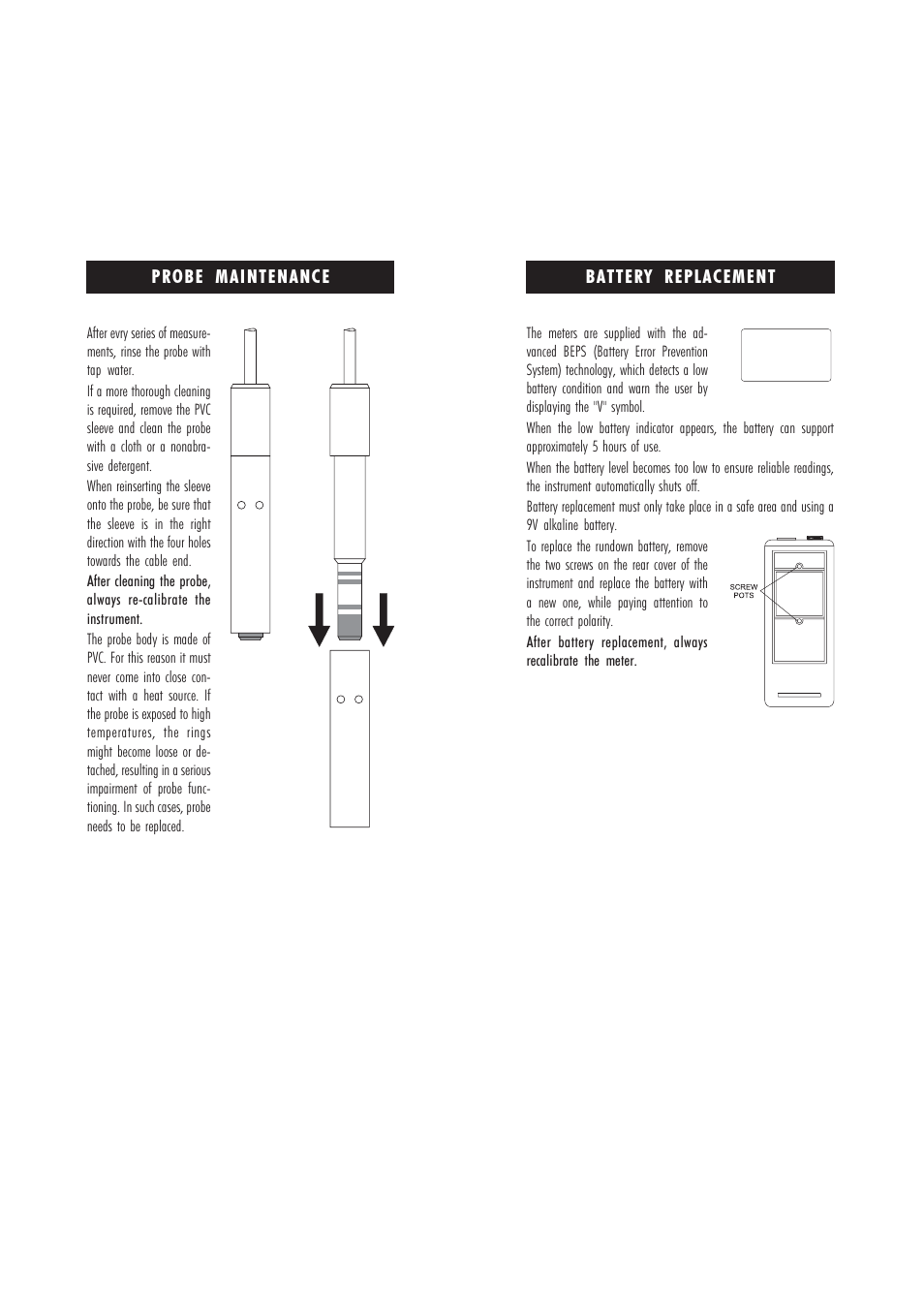 Battery replacement, Probe maintenance | Hanna Instruments HI 9033 User Manual | Page 8 / 11