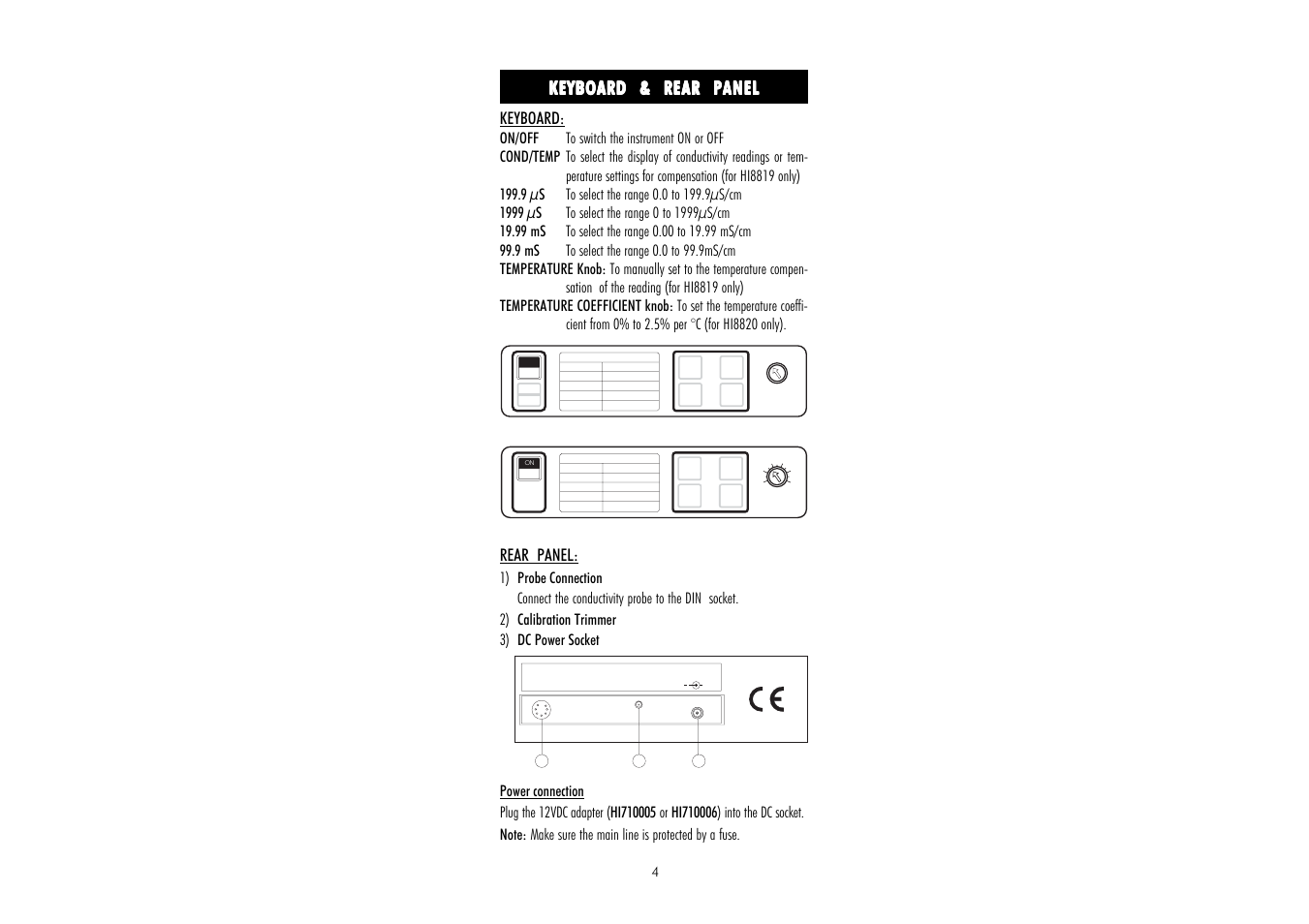 Keyboard & rear panel, Keyboard, Rear panel | Hanna Instruments HI 8819 User Manual | Page 4 / 20