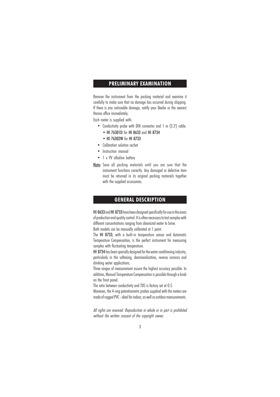 Hanna Instruments HI 8633 User Manual | Page 3 / 20