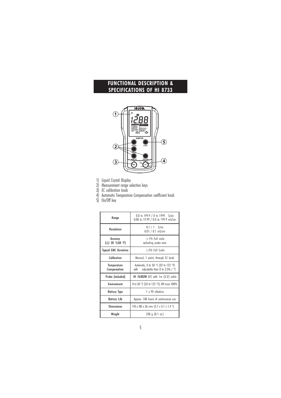 Functional description & specifications of hi 8733 | Hanna Instruments HI 8633 User Manual | Page 5 / 20