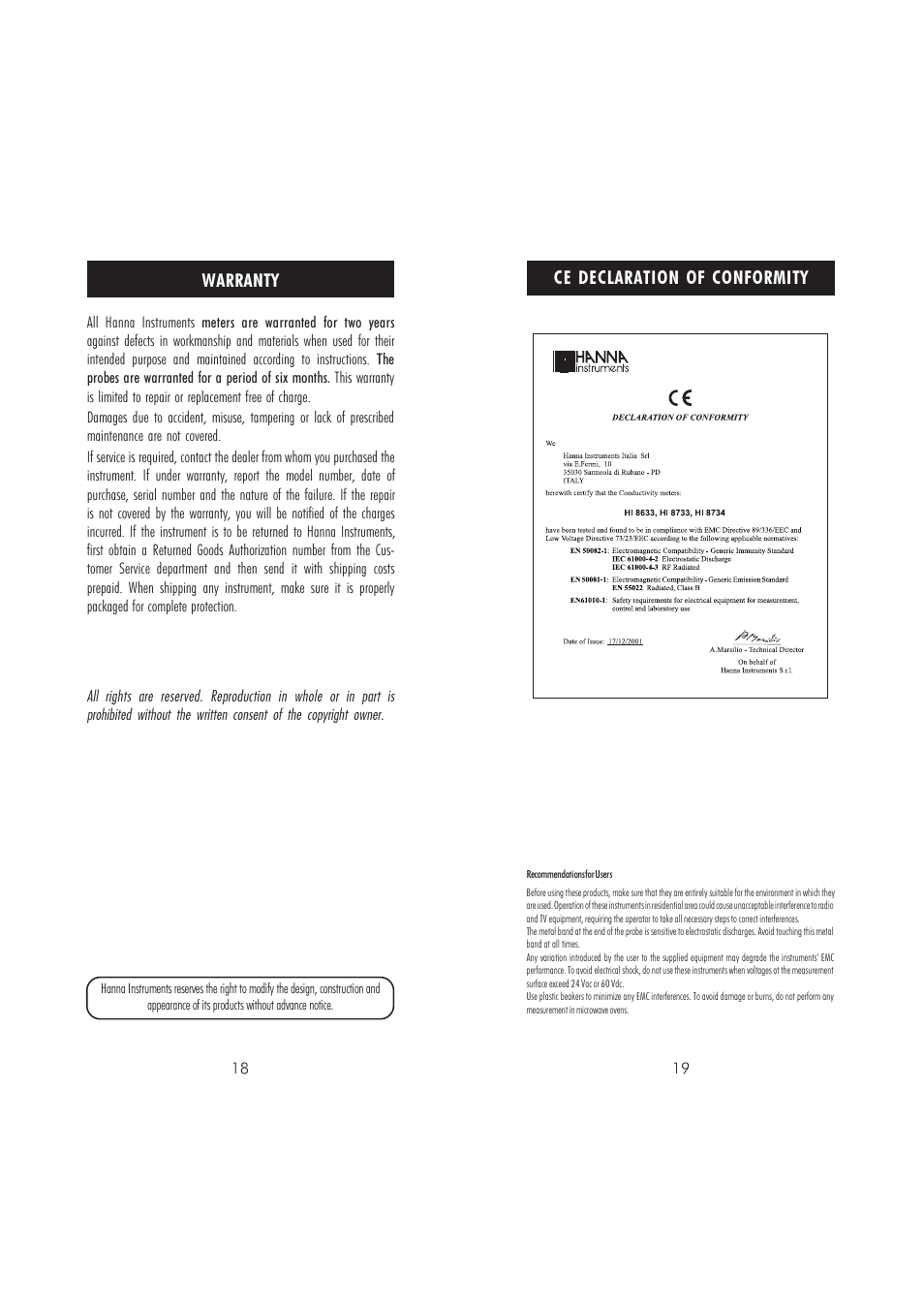 Ce declaration of conformity warranty | Hanna Instruments HI 8733 User Manual | Page 10 / 11