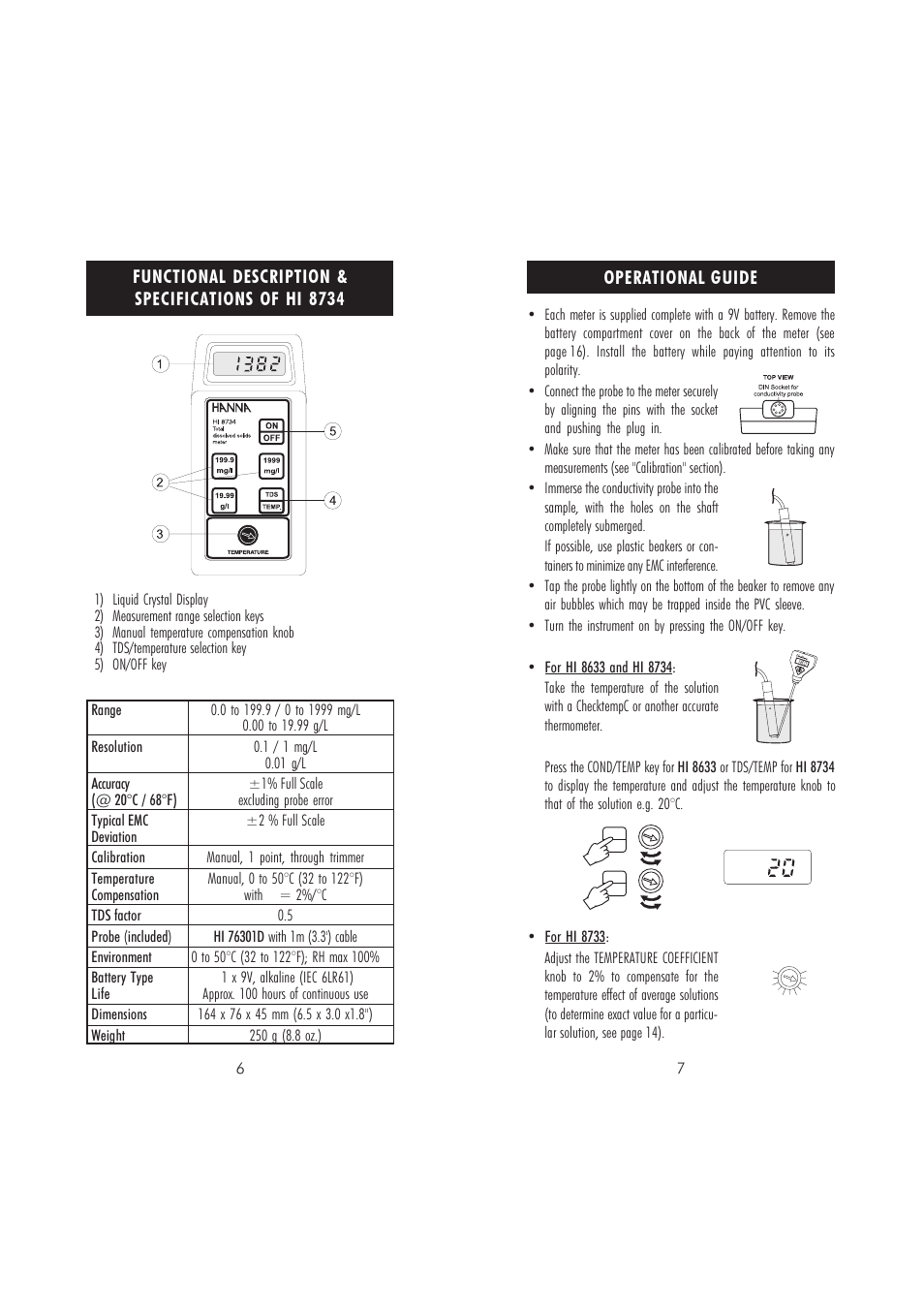 Operational guide, Functional description & specifications of hi 8734 | Hanna Instruments HI 8733 User Manual | Page 4 / 11