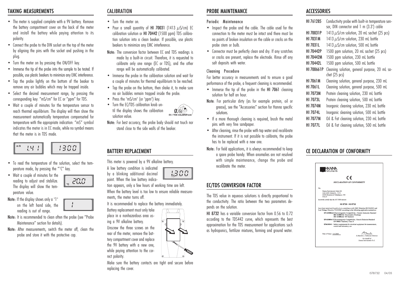 Hanna Instruments HI 8732 User Manual | Page 2 / 2