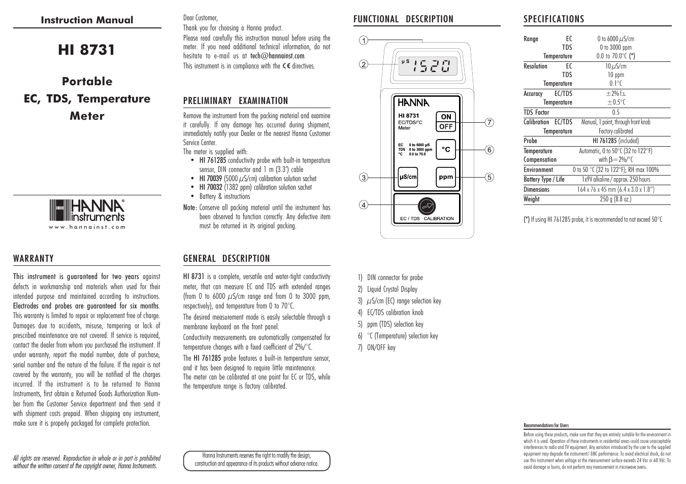 Hanna Instruments HI 8731 User Manual | 2 pages