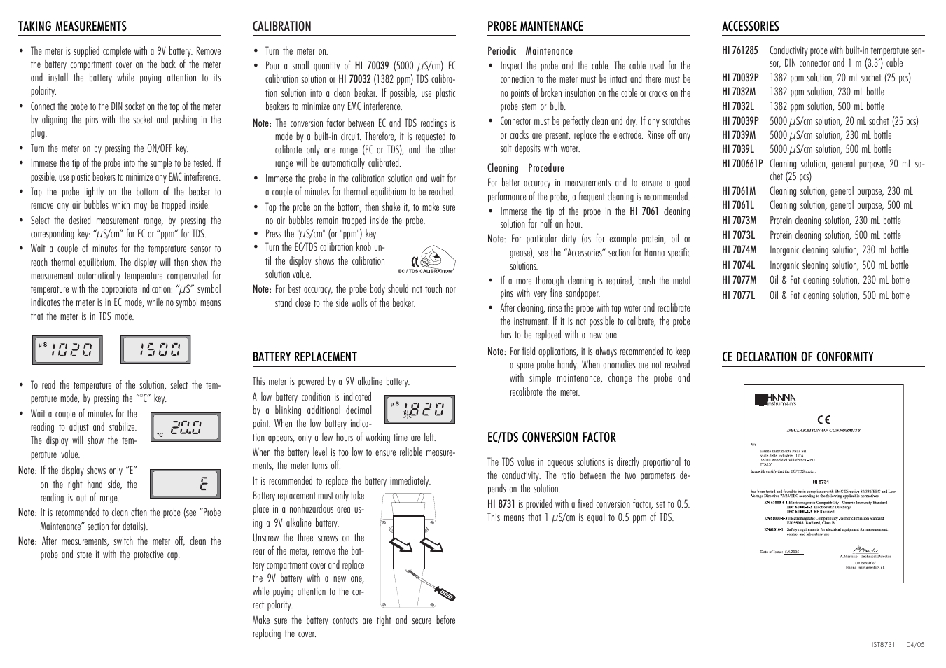 Hanna Instruments HI 8731 User Manual | Page 2 / 2
