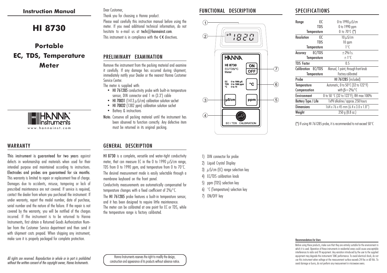 Hanna Instruments HI 8730 User Manual | 2 pages