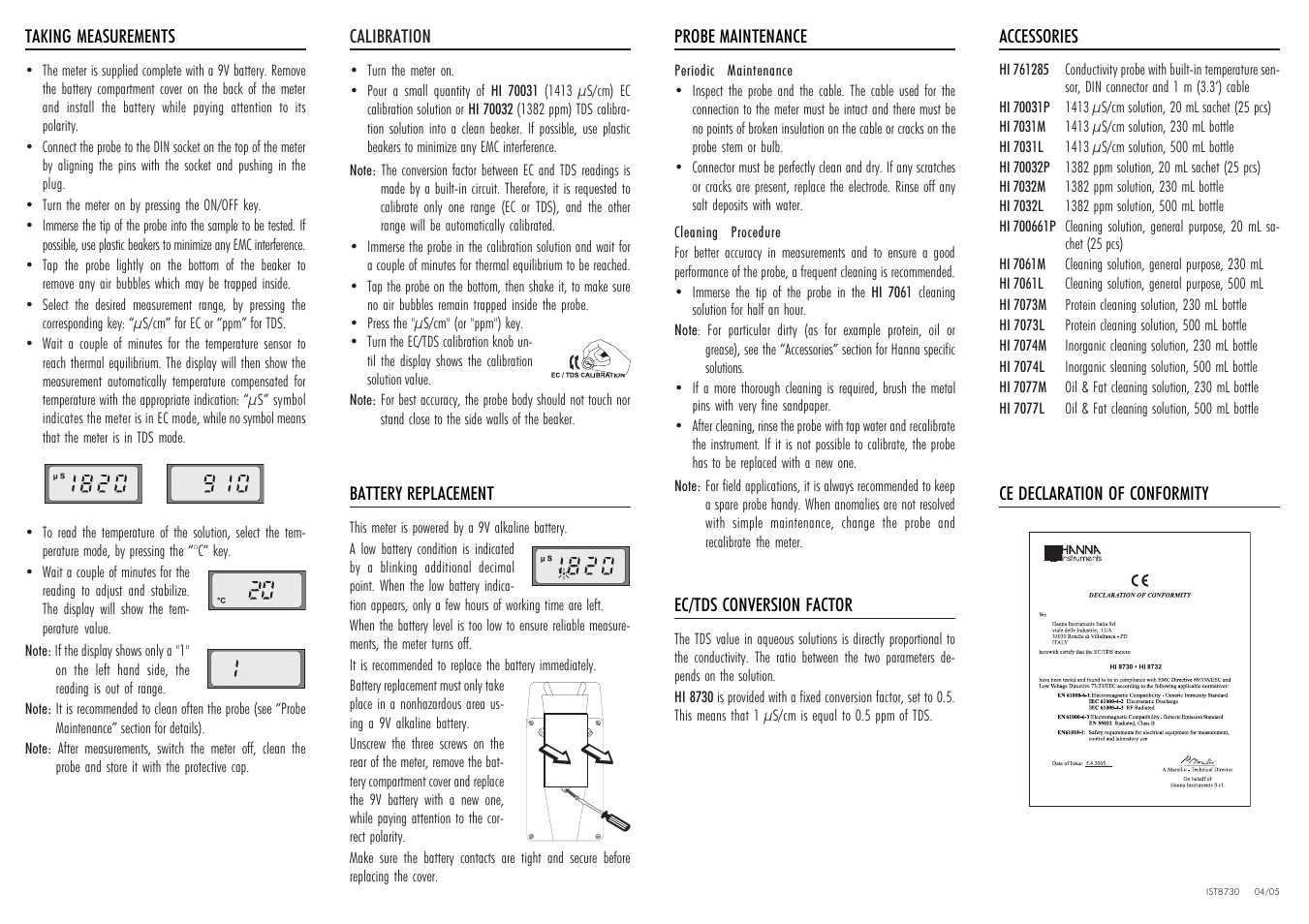 Hanna Instruments HI 8730 User Manual | Page 2 / 2