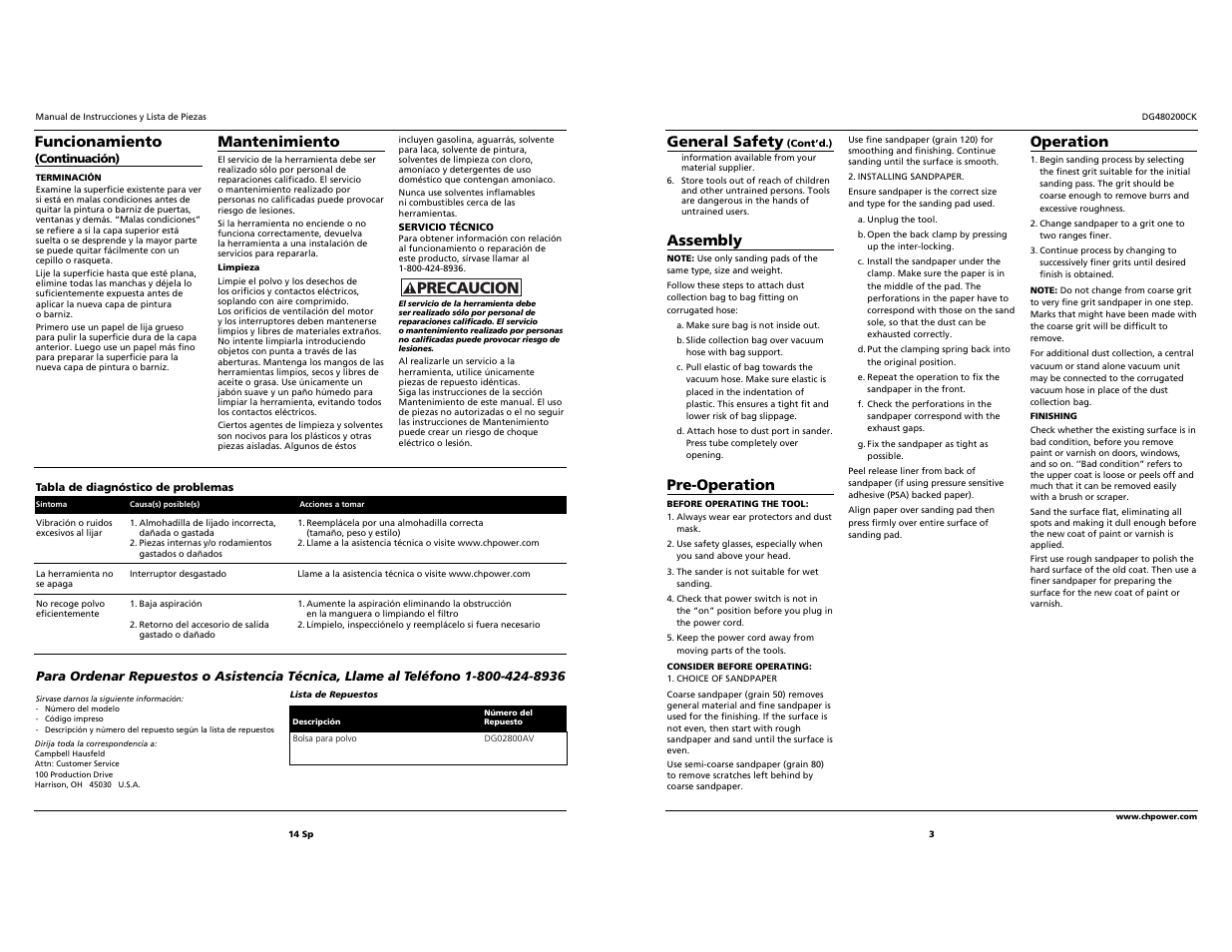 Precaucion, Mantenimiento, General safety | Assembly, Pre-operation, Operation, Funcionamiento | Campbell Hausfeld DG480200CK User Manual | Page 3 / 8