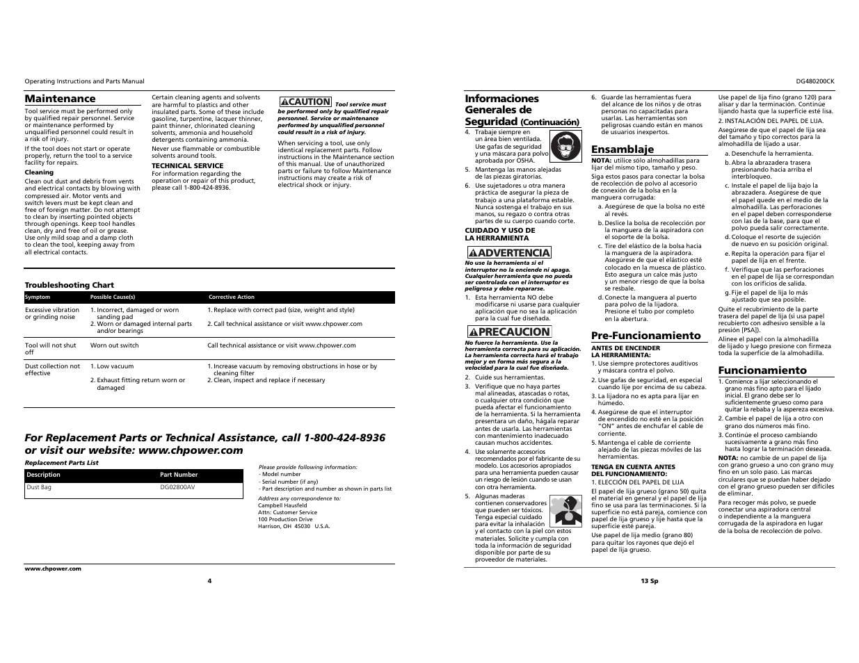 Precaucion, Informaciones generales de seguridad, Advertencia | Ensamblaje, Pre-funcionamiento, Funcionamiento, Maintenance | Campbell Hausfeld DG480200CK User Manual | Page 4 / 8