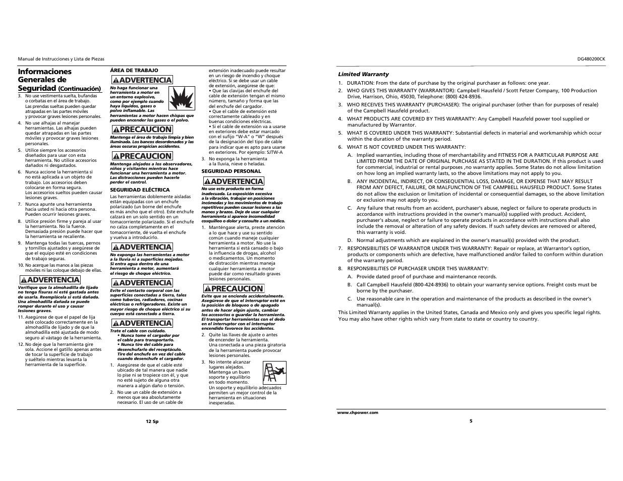 Precaucion, Informaciones generales de seguridad, Advertencia | Campbell Hausfeld DG480200CK User Manual | Page 5 / 8