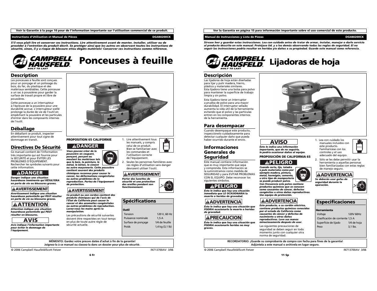 Ponceuses à feuille, Lijadoras de hoja, Aviso | Peligro, Avis, Attention, Precaucion, Danger | Campbell Hausfeld DG480200CK User Manual | Page 6 / 8