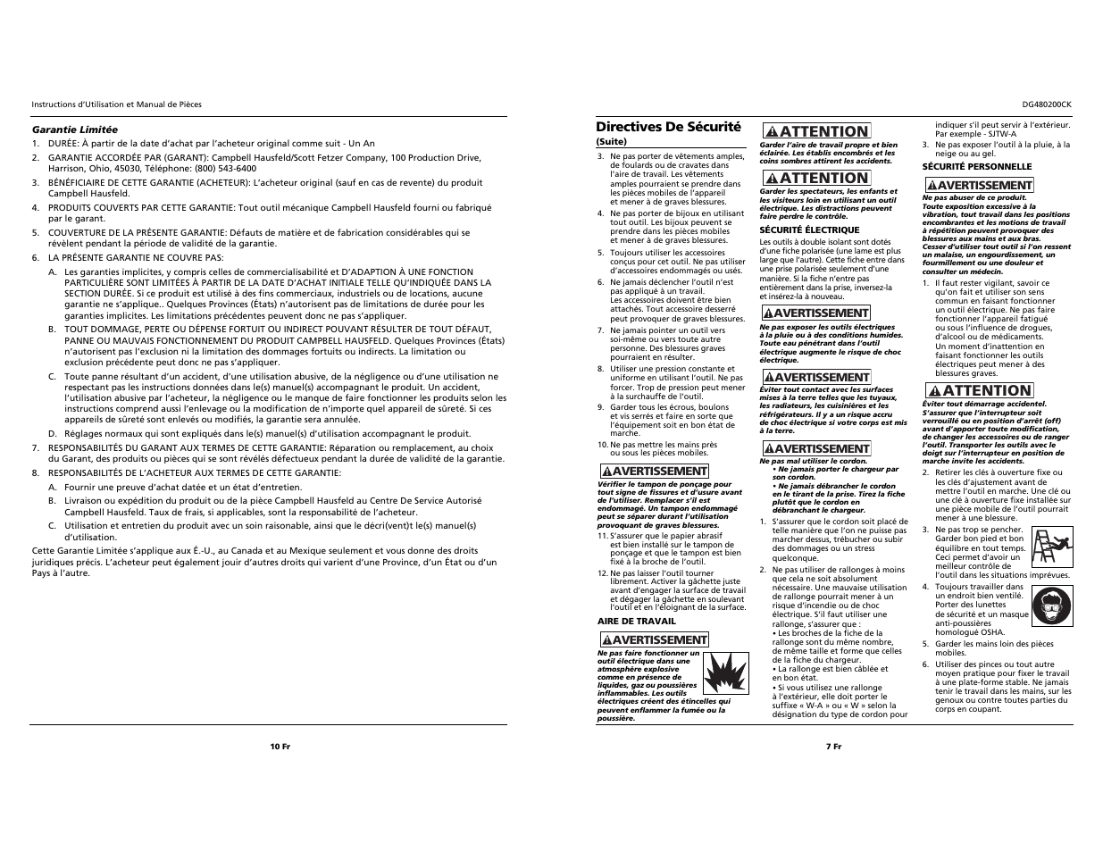 Attention, Directives de sécurité | Campbell Hausfeld DG480200CK User Manual | Page 7 / 8