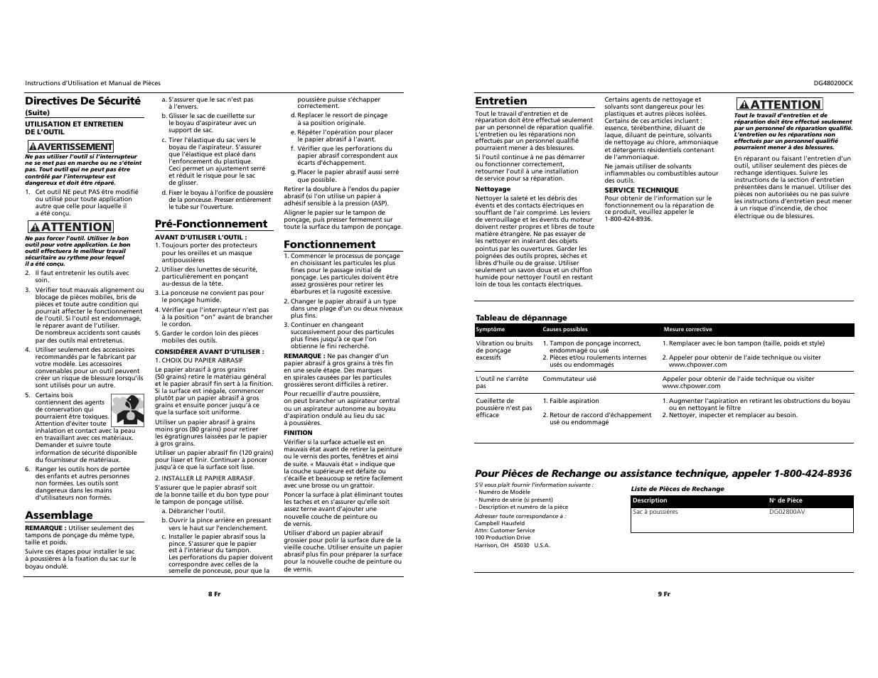 Attention, Entretien, Directives de sécurité | Assemblage, Pré-fonctionnement, Fonctionnement | Campbell Hausfeld DG480200CK User Manual | Page 8 / 8