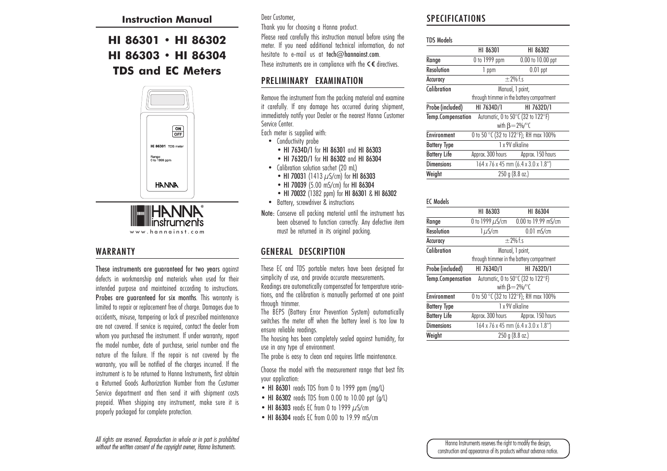 Hanna Instruments HI 86301 User Manual | 2 pages