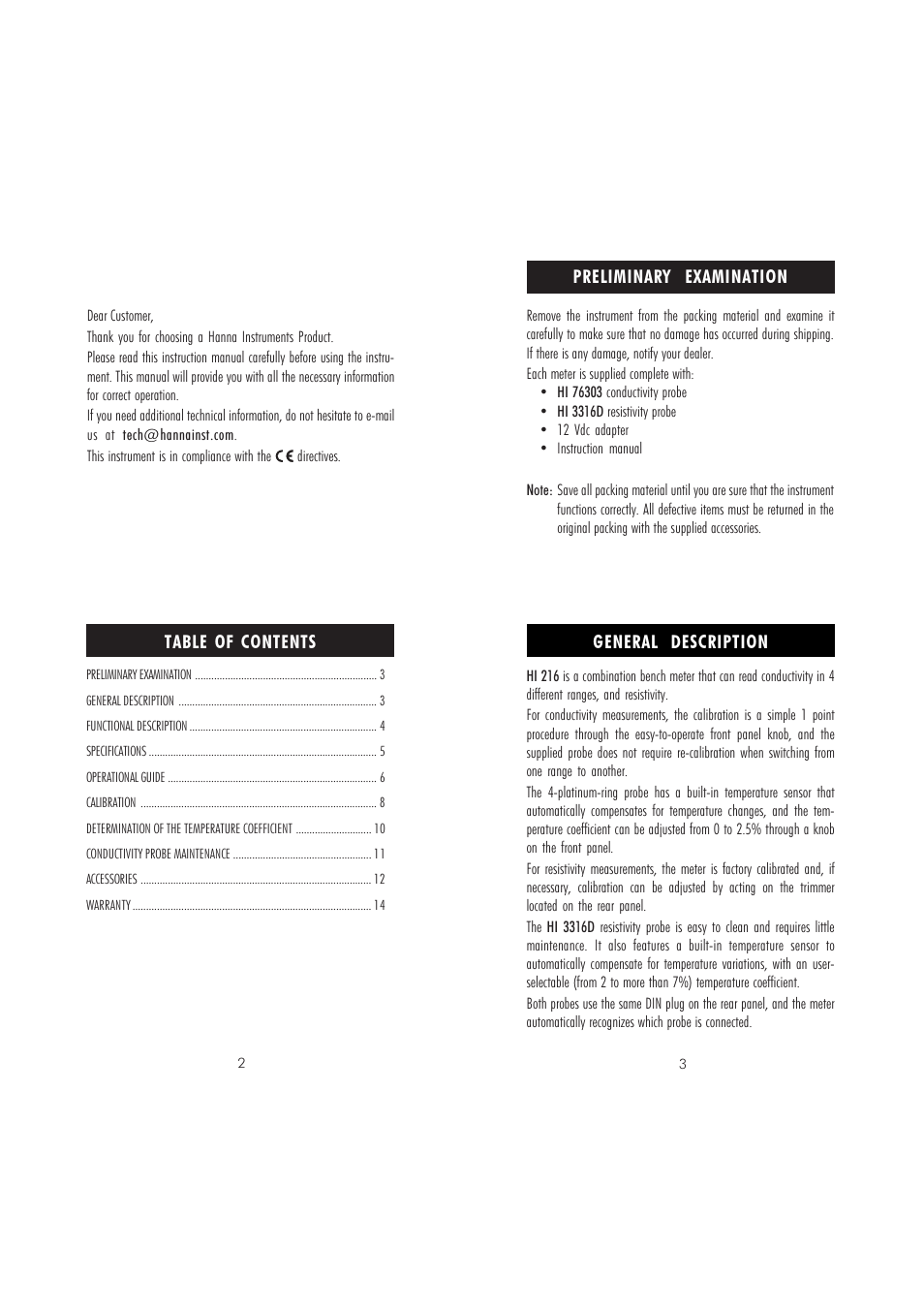 Hanna Instruments HI 216 User Manual | Page 2 / 9