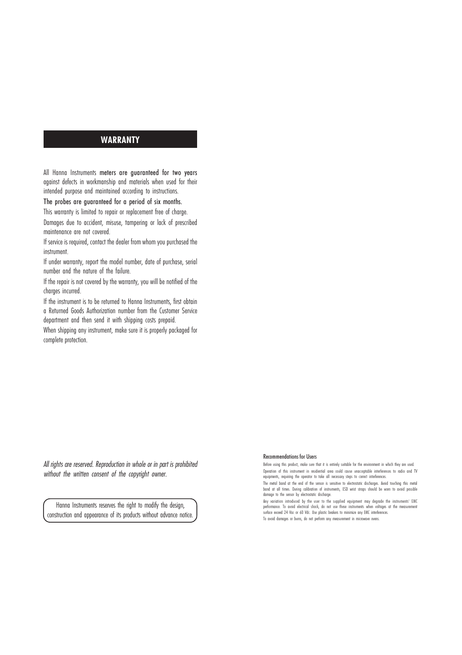 Warranty | Hanna Instruments HI 216 User Manual | Page 8 / 9