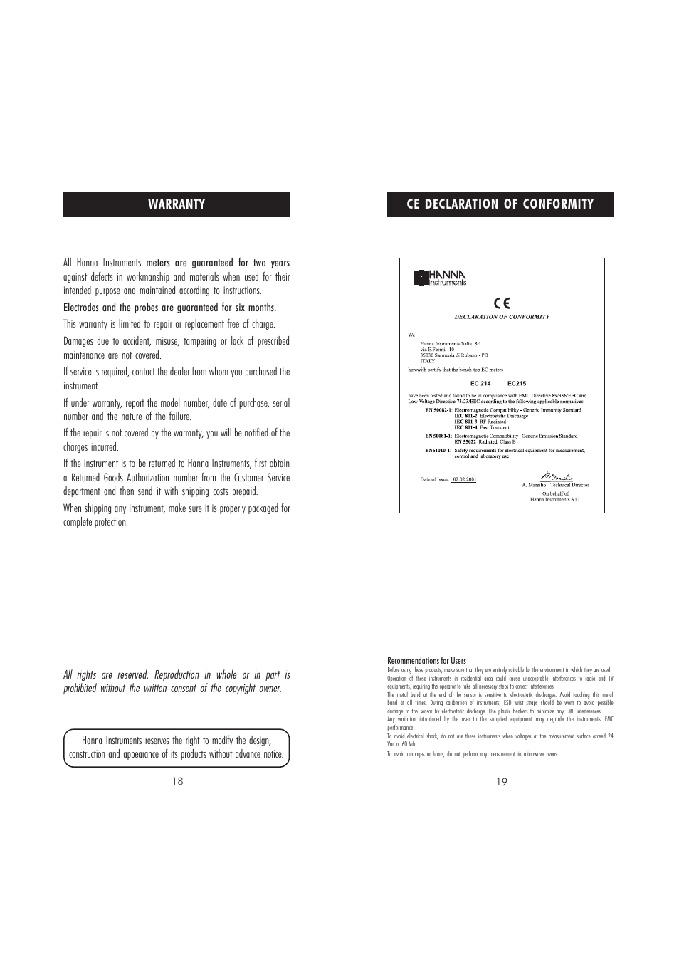 Ce declaration of conformity, Warranty | Hanna Instruments EC 214 User Manual | Page 10 / 11