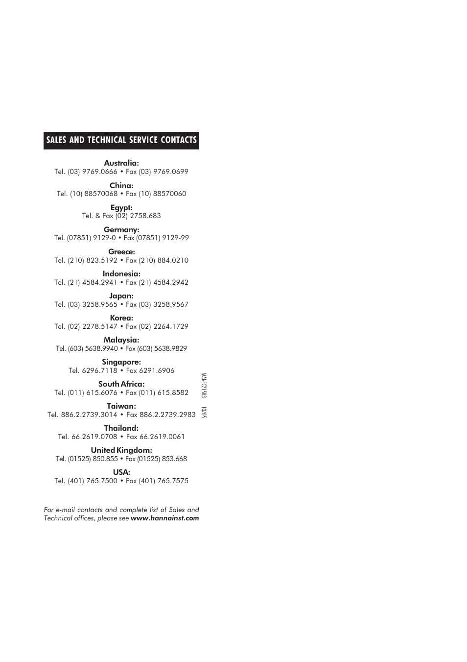 Sales and technical service contacts | Hanna Instruments EC 214 User Manual | Page 11 / 11